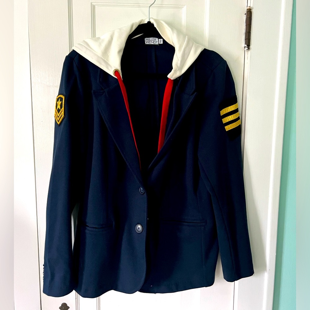 Miller Wendt Navy Blazer with removable off White hood, Red strings, & 2 patches